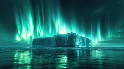 Arctic Night, Panoramic View of an Iceberg Under the Northern Lights, Serene and Majestic, Highlighting the Quiet Beauty of Polar Regions. Extreme cold