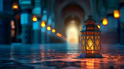 Ramadan Kareem background, Ramadan lanterns with blurred mosque background