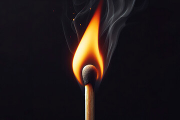 A closeup of a burning wooden match on black background. ai generative