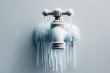 A frozen water pipe water tap on white wall on solid white background covered with ice. ai generative - obrazy, fototapety, plakaty