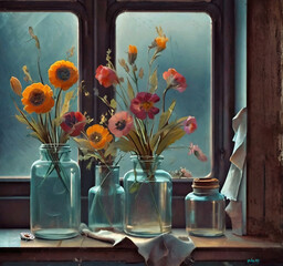 A painting of flowers in glass jars on a windowsill. Modern Composition Of Home Decor	