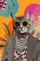abstract vintage cat collage art, featuring retro aesthetic colors, stunning wall art and printing designs