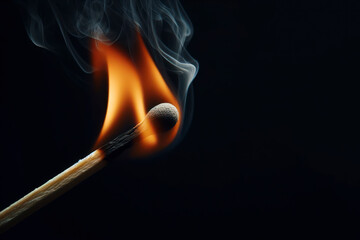 A closeup of a burning wooden match on black background. ai generative