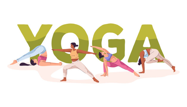 Vector yoga banner with woman in asana pose. Sign for meditating and flexibility training. Badge for sport workout, healthy lifestyle. Cartoon illustration for active relaxation with poses. Meditate