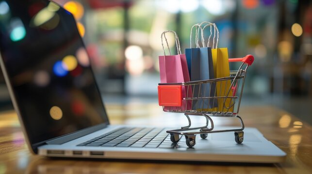 Generative AI, shopping cart with shopping bags standing on laptop keyboard, shop online, free delivery, discounts and sale concept.	
