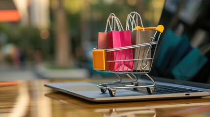 Generative AI, shopping cart with shopping bags standing on laptop keyboard, shop online, free delivery, discounts and sale concept.	
