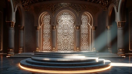 Fototapeta premium 3D rendering of a beautiful illuminated marble stage in a mosque.