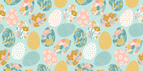 Happy Easter. Vector seamless pattern. Easter eggs with abstract flowers.