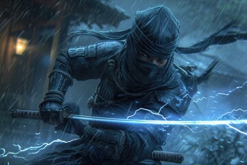 Cinematic hero samurai jedi with burning lightsaber, dark rainy epic style, mask superhero costume