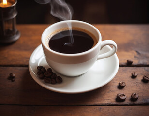 Fototapeta premium Cup of coffee on a wooden table generated by AI