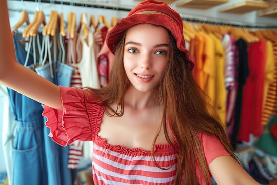 Influencer girl taking selfie in her fashion shop