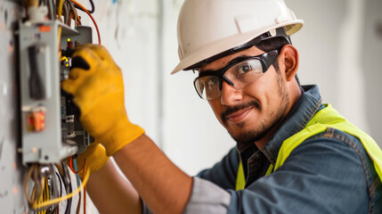 A professional electrician is smiling while working on a complex electrical panel