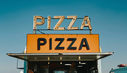 Old sign on street with the word Pizza. Generative AI