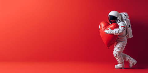 Astronaut hugging a large soft red heart on red background. Generative AI