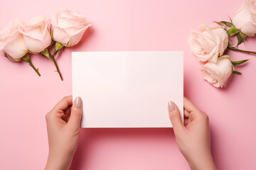 Young woman’s hands holding blank paper sheet on pink background, card mockup with copy space, Generative AI