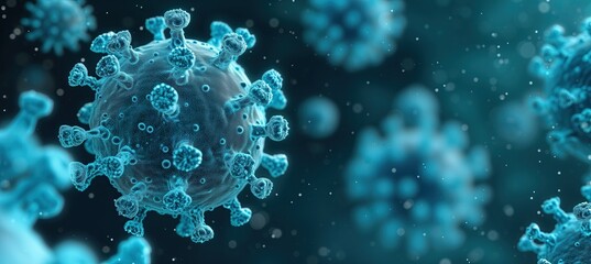 A blue cell group of coronavirus bacteria, virus background, copy space - obrazy, fototapety, plakaty