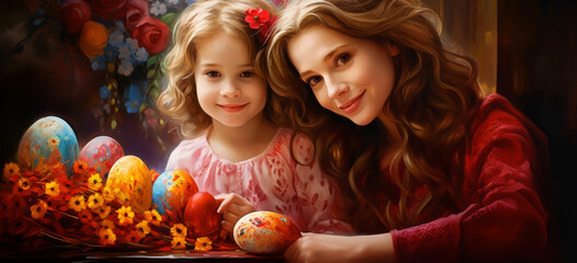 Fototapeta na wymiar happy holiday mother and her daughter with painting eggs family celebrating easter