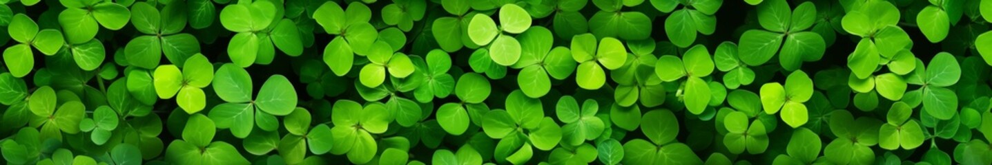 Green clover, shamrocks,  trefoil leaves natural background. Traditional symbol of St. Patricks day. Horizontal banner, header for website