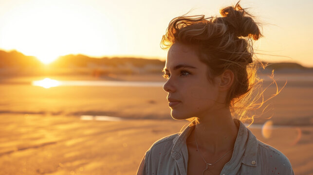 Woman with a messy bun, walking along a sandy beach during the golden hour generative ai