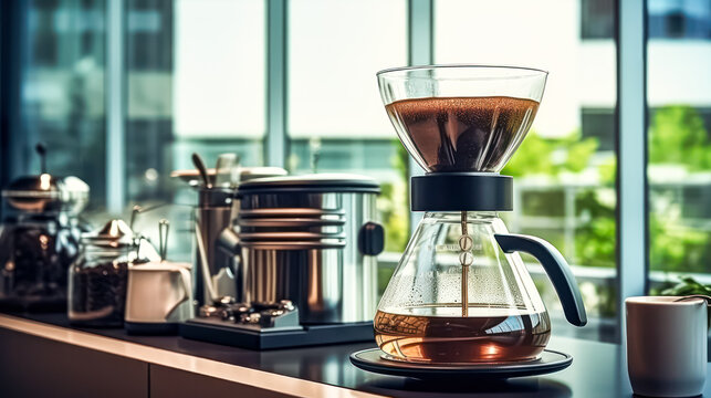 Elevate your coffee experience with the sleek presence of a drip coffee maker resting on a wooden table. A perfect blend of functionality and aesthetics.