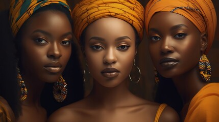 Three African American women in traditional clothing and headscarf. Fashion shot.
