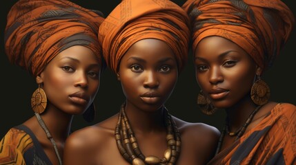 Three African American women in orange dresses.
