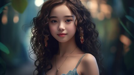 Portrait of beautiful young asian girl with long curly hair.