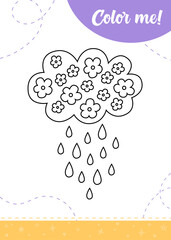 Coloring page for kids with cartoon rainy cloud.
A printable worksheet, vector illustration.