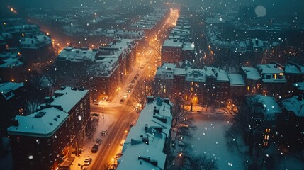 City in Winter, Aerial View of a Major City Blanketed in Snow, Streets Barely Visible, Emphasizing the Scale of the Cold's Impact on Urban Life, Twilight Illuminating Snowy Rooftops.