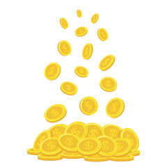 Dollar coins. Falling coins, falling money, flying gold coins, golden rain. Stack of gold coins.