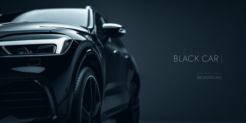 Obraz na płótnie Canvas Front angle of a black SUV with LED headlights on a dark background.