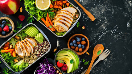 Colorful and Healthy Meal Prep with Grilled Chicken, Quinoa, and Fresh Fruits and Veggies