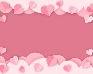 Flying paper cut heart pink background, love, valentine decoration, greeting card, copy space