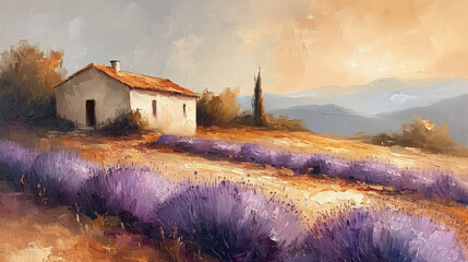 Evocative painting of a rustic house overlooking a lush lavender field, with a gentle mountainous horizon and a warm, golden sky. - obrazy, fototapety, plakaty