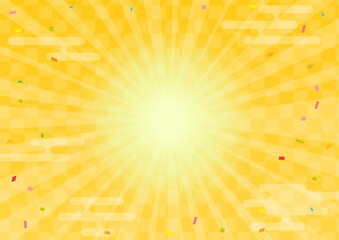 和風のゴールド市松模様、かすみ、集中線の背景 横