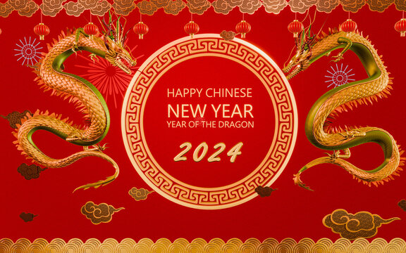 Background image for Chinese New Year 2024. New Year greeting theme: Flying golden dragon and auspicious red. Traditional Chinese red auspicious lantern. 3D Rendering.
