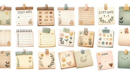 Tuinposter watercolor memo list items with cute faces and floral designs, perfect for organization and scrapbooking themes. © Nisit