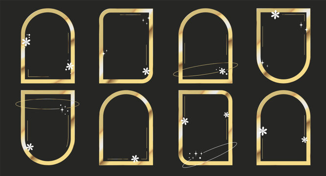 Set of geometric gold frames in deco style. Figures with sparks, zigzags, circles. Vector illustration for web design, posters, social media.