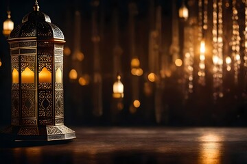 Lantern that have moon symbol on top and small plate of dates fruit with night sky and city bokeh light background for the Muslim feast of the holy month of Ramadan Kareem generated by AI - obrazy, fototapety, plakaty