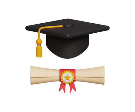 Diploma or Accreditation concept. Goal and Achievement, Business Graduation Concept. 3D graduation cap and diploma roll icon. 3d illustration