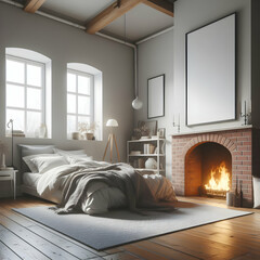 A bed sitting in a bedroom next to a fire place