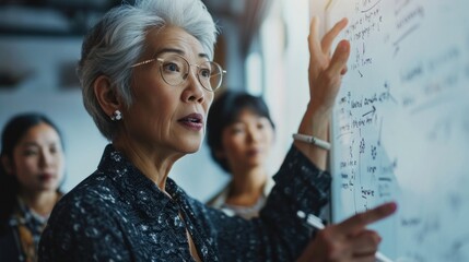 A senior female entrepreneur is generating ideas on a whiteboard.