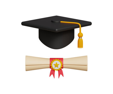 3D graduation ceremony hat degree or diploma certificate. Goal, Achievement, Business Graduation Concept. Graduate cap with tassel and diploma roll icon. 3d illustration
