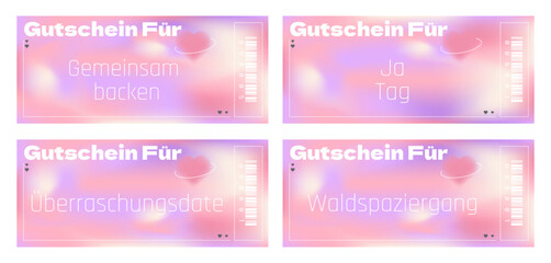 y2k coupons with romantic phrases  in German. Flyers for Valentine's Day.