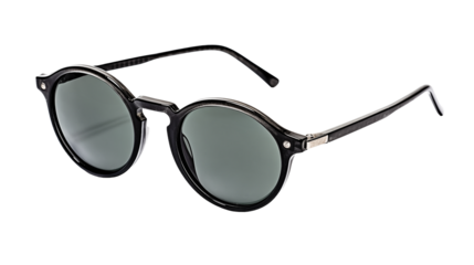 black retro fashion sunglasses with round lenses isolated on white background, side view, mens and womens unisex hipster thrift store fashion, beach travel accessories, 1960s, 1970s, 1980s, 1990s