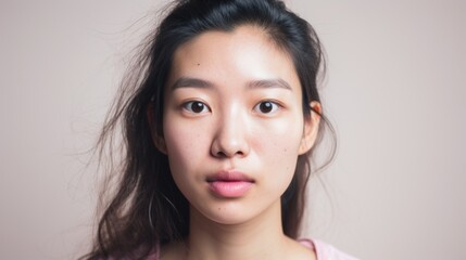 Fototapeta premium Imperfect skin adds depth and character to the closeup portrait of an Asian woman.