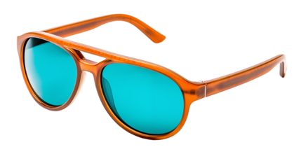 orange tortoise shell fashion sunglasses with blue lenses , isolated on a transparent background, side angle, mens and womens hipster summer fashion, unisex beach day and travel accessories