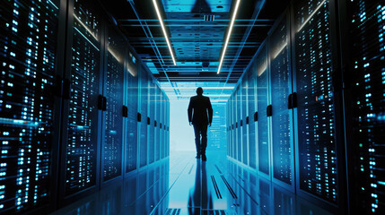 Silhouette of a person standing in the middle of a data center aisle, flanked by server racks with glowing lights