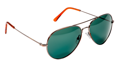 wire frame fashion sunglasses with green blue smoke lenses, orange accents, , isolated on a transparent background, side angle, mens and womens hipster summer fashion, beach day and travel accessories