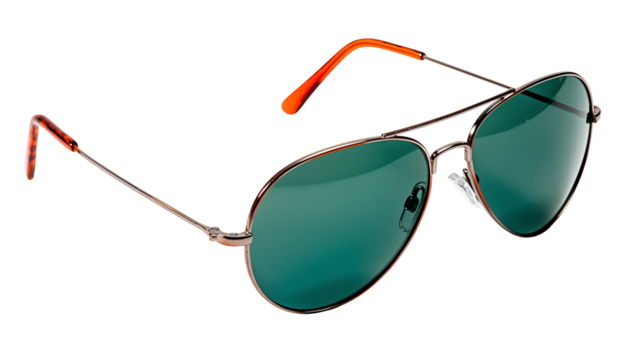 wire frame fashion sunglasses with green blue smoke lenses, orange accents, , isolated on a transparent background, side angle, mens and womens hipster summer fashion, beach day and travel accessories